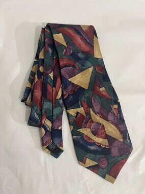 Vtg Cezani Mens 100% Silk Necktie Bold Multicolored Art Deco Geometric Pattern